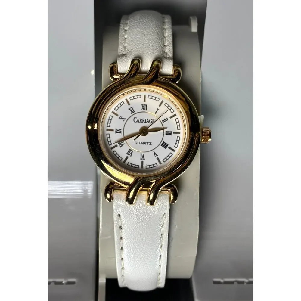 Carriage by Timex Women's Gold Tone Quartz Watch White Dial Strap NOS Working